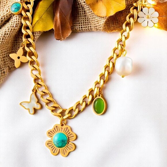 🆕Chunky 18K Gold Plated TrendybNecklace Colorful Charms Pearl Accents Y2K Style - Picture 1 of 13